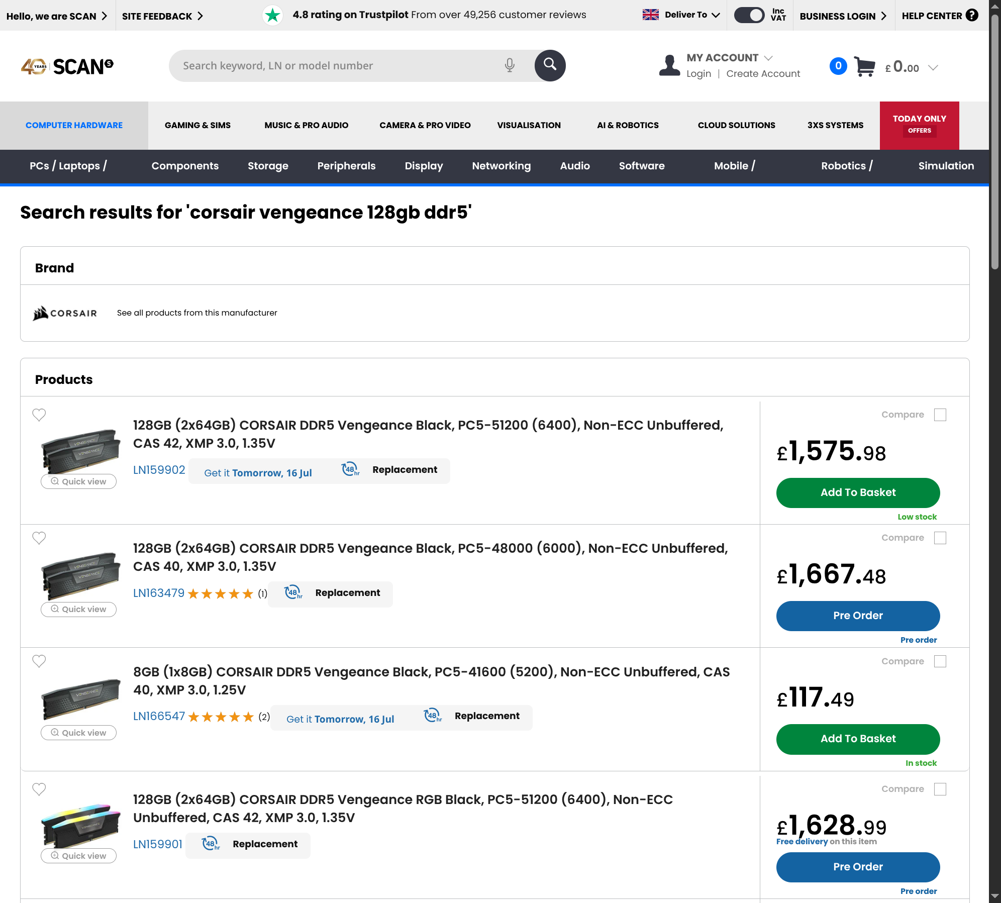 Scan UK Corsair Vengeance 128GB DDR5 kits at £1,575–1,667, and a single 8GB DDR5 stick at £117