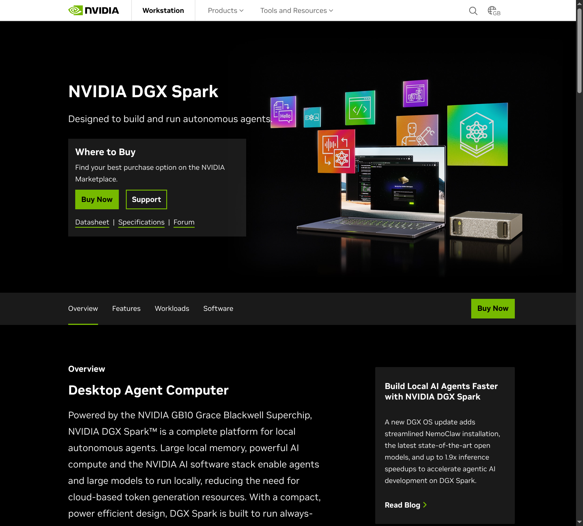 NVIDIA DGX Spark product page — GB10 Grace Blackwell Superchip, 128GB, ships DGX OS