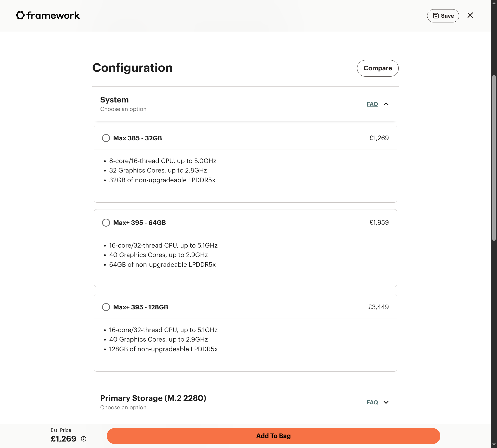 Framework Desktop configurator showing three tiers: Max 385/32GB £1,269, Max+ 395/64GB £1,959, Max+ 395/128GB £3,449
