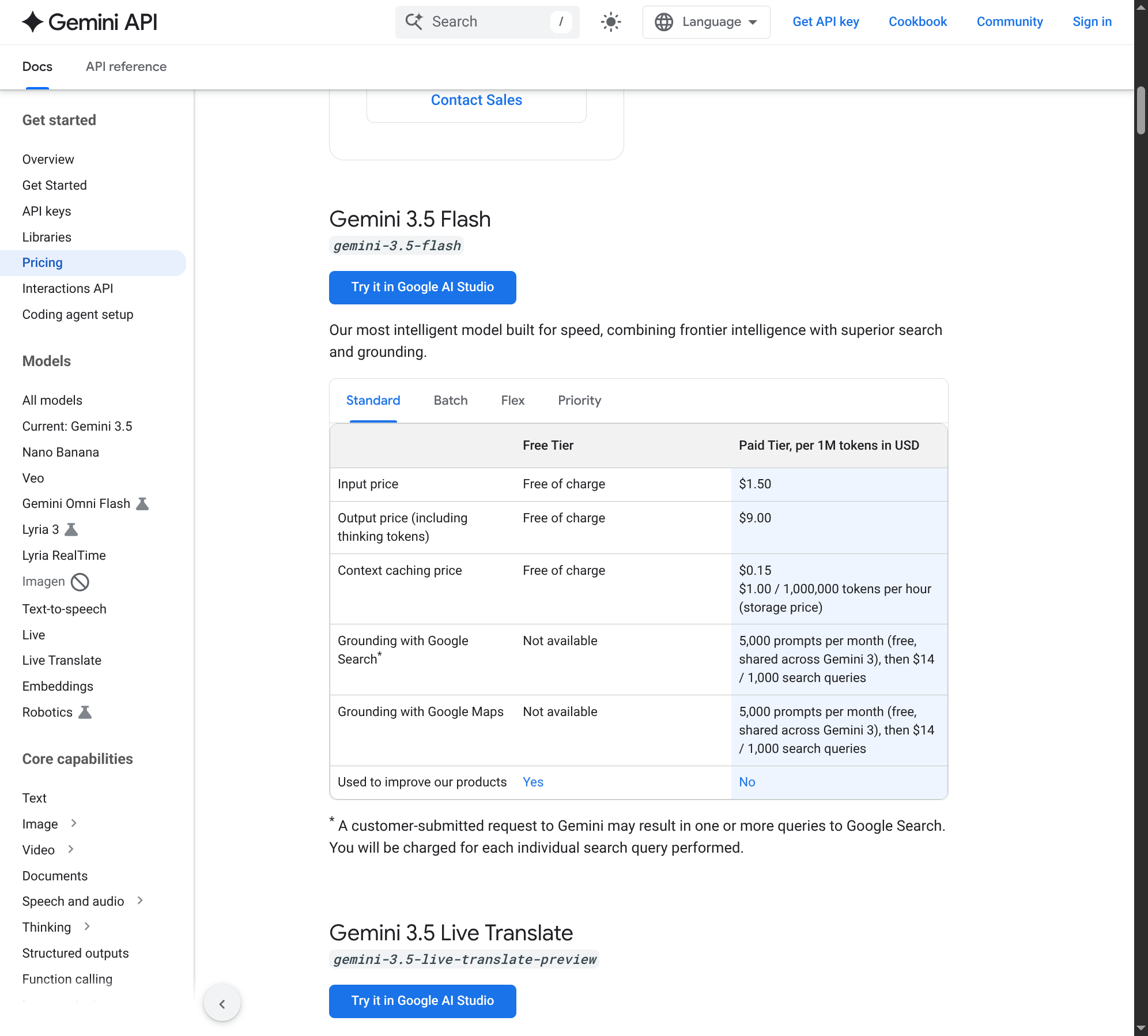 Gemini 3.5 Flash pricing on Google's developer site — $1.50 input, $9.00 output per 1M tokens