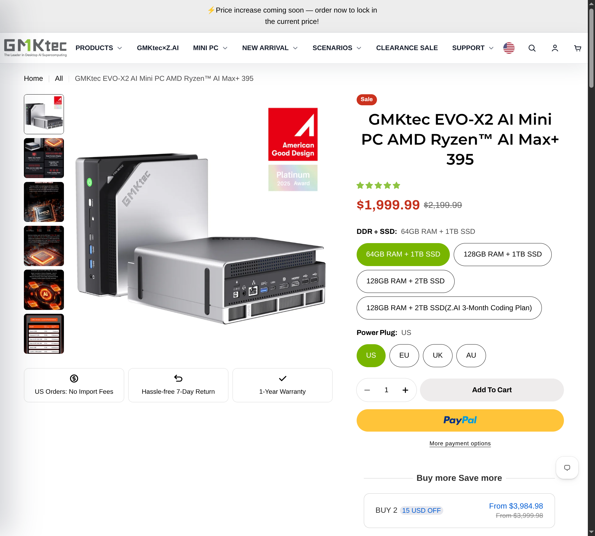 GMKtec EVO-X2 product page — AMD Ryzen AI Max+ 395, 64GB+1TB at $1,999.99, 128GB config $2,199, 30 reviews, 1-year warranty