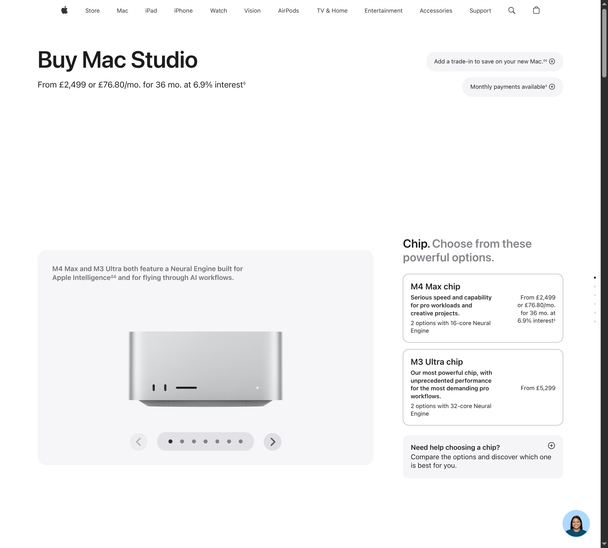 Apple UK Mac Studio store page — M4 Max from £2,499, M3 Ultra from £5,299