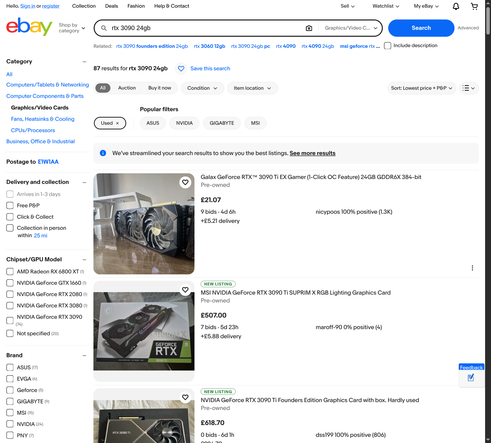 eBay UK search for used RTX 3090 24GB, sorted lowest price, showing listings from ~£507 to ~£792