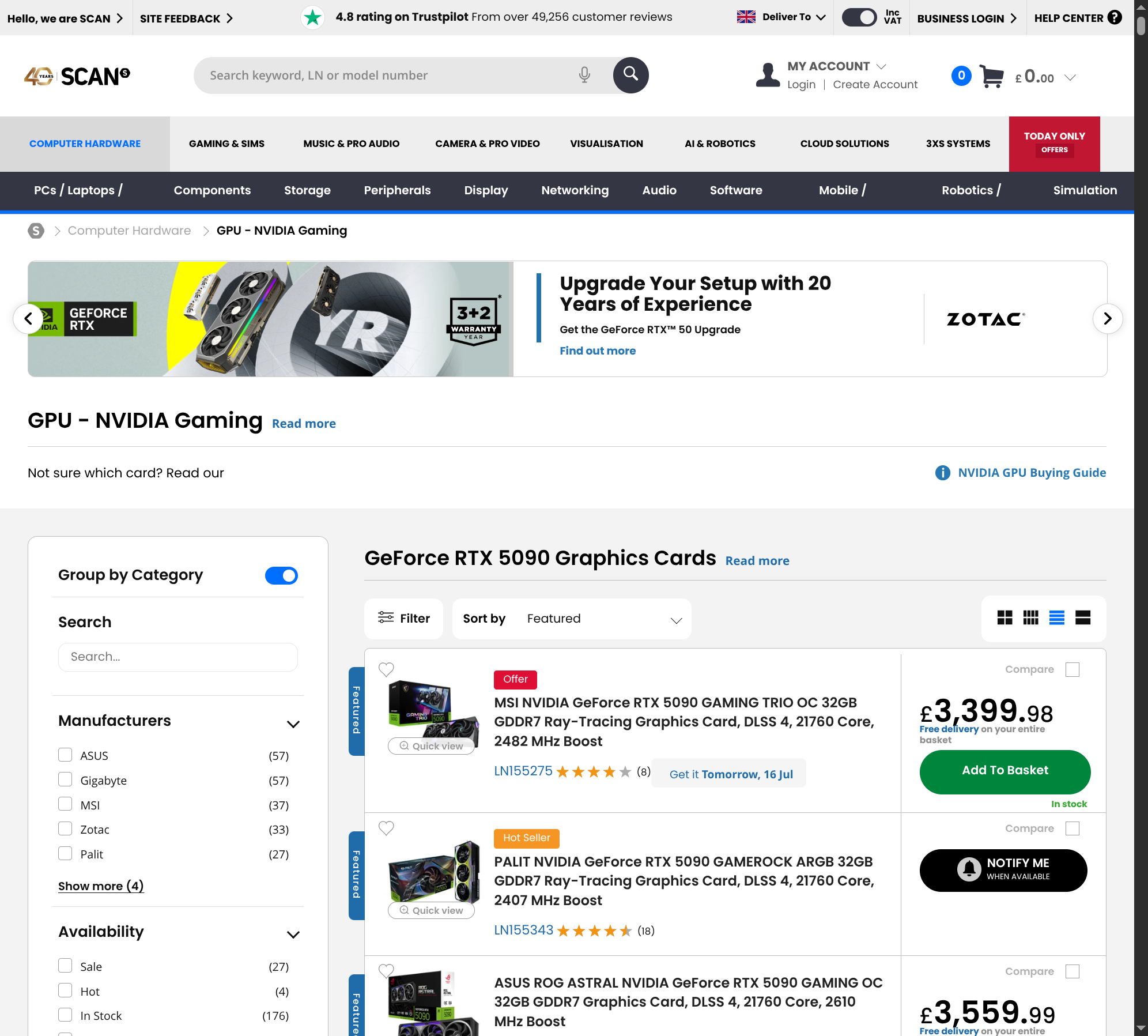 Scan UK RTX 5090 listings — MSI Gaming Trio OC 32GB at £3,399.98, ASUS ROG Astral at £3,559.99